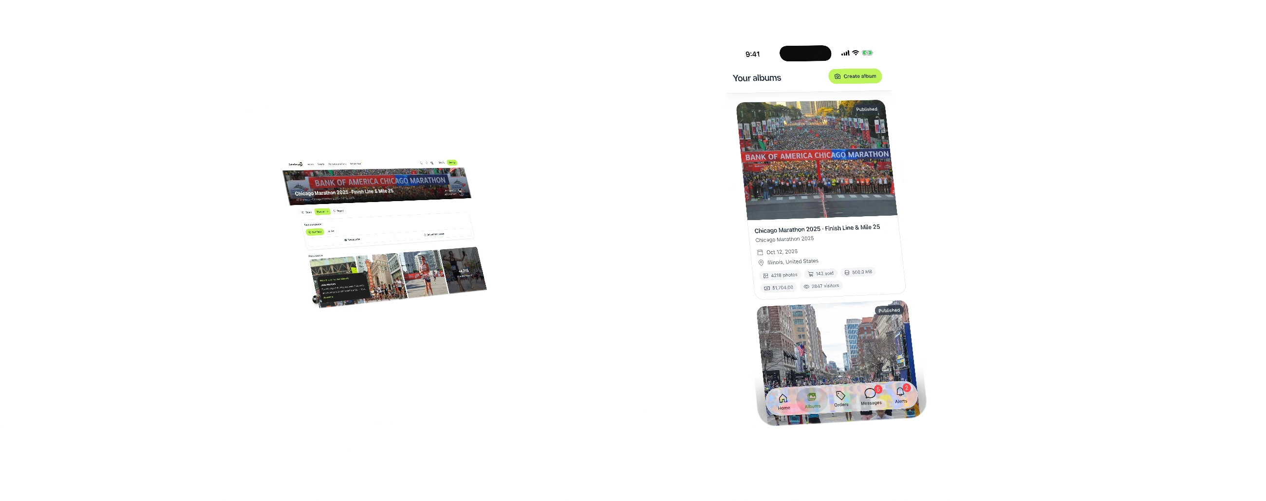 ZebraSnap: los álbumes del maratón de Chicago en el teléfono del fotógrafo, y la galería abierta en su laptop.